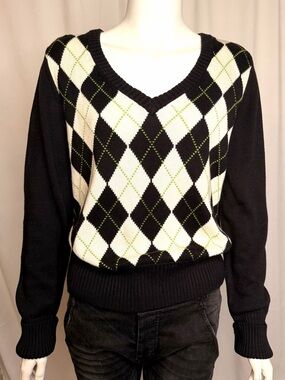 Tommy Hilfiger Black V-Neck Argyle Sweater with Ivory & Lime Stitching